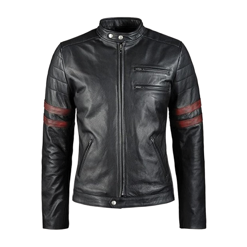 Men-Black-Leather-Jacket-with-Sleeve-Stripes-Thumbnail.png Men's Black Leather Jacket with Sleeve Stripes - Image 1
