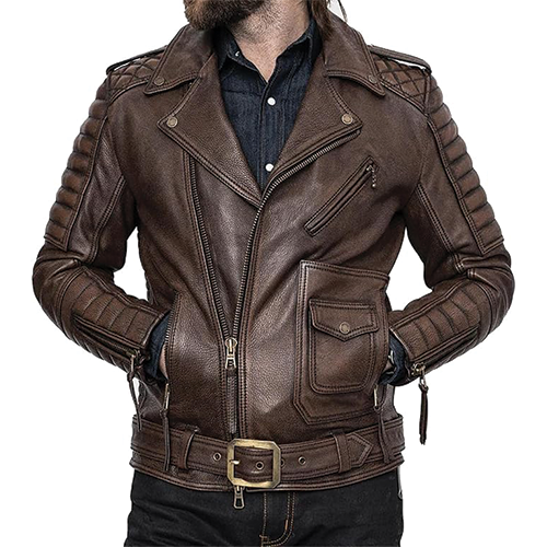 Men-Brown-Leather-Belted-Motorcycle-Jacket-Thumbnail.png Men's Brown Leather Belted Motorcycle Jacket - Image 1