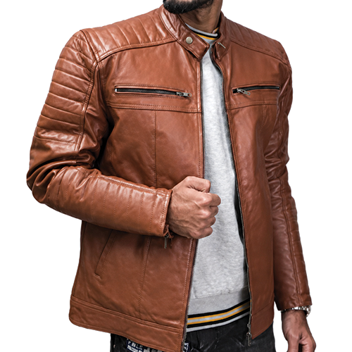 Men-Brown-Leather-Biker-Jacket.png Men's Cognac Leather Café Racer Jacket - Image 1