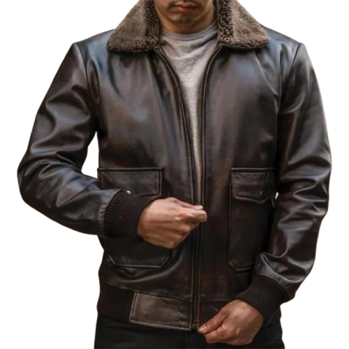Men-Brown-Leather-Bomber-Jacket-with-Fur-Collar-Thumbnail.png Men's Brown Leather Bomber Jacket with Fur Collar - Image 1