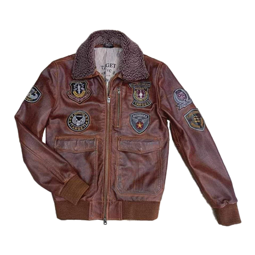Men-Brown-Leather-Flight-Jacket-with-Patches.png Men's Brown Leather Flight Jacket with Patches - Image 1