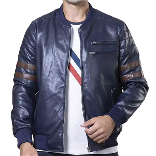 Men-Navy-Blue-Bomber-Jacket-with-Brown-Stripes.png Men's Navy Blue Bomber Jacket with Brown Stripes - Image 1
