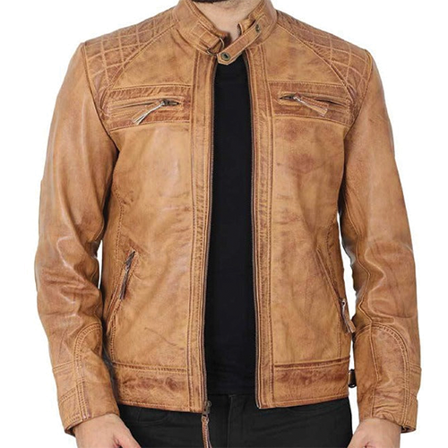 Men-Tan-Distressed-Leather-Biker-Jacket-Thumbnail.png Men's Tan Distressed Leather Biker Jacket - Image 1