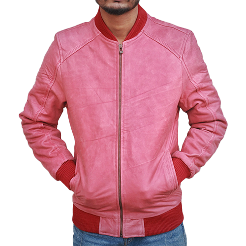 Suede-Bomber-Jacket-I-01.png Pink Leather Bomber Jacket - Image 1