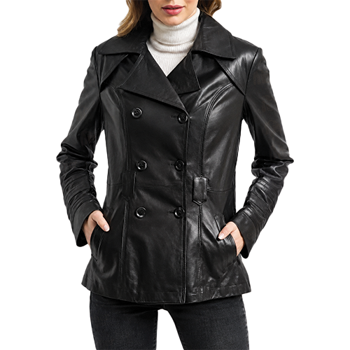 Women-Black-Leather-Double-Breasted-Coat.png Women's Black Leather Double-Breasted Coat - Image 1